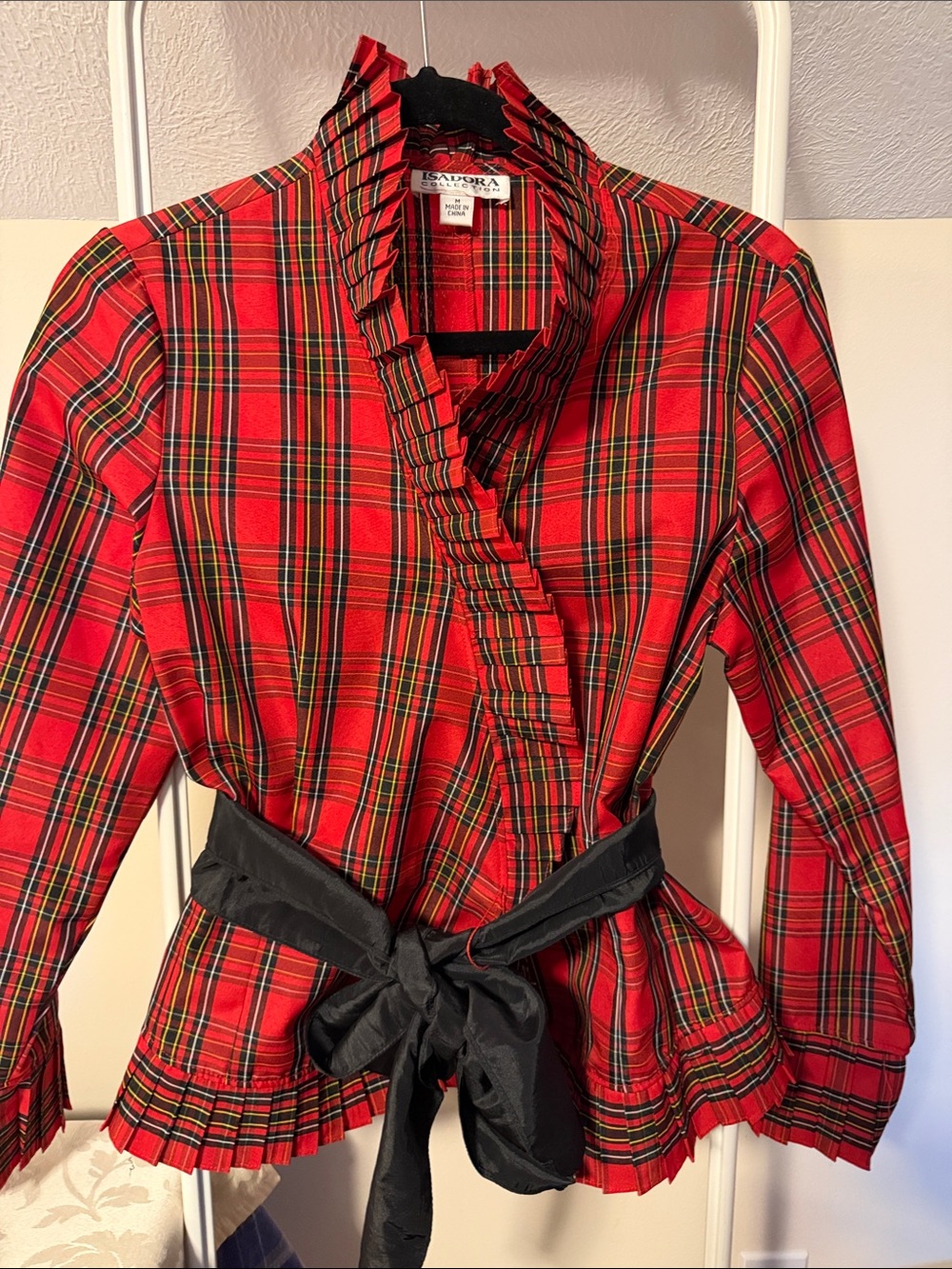 Isadora Collection red tartan plaid ruffle blouse with black sash belt - size M